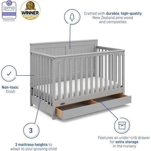 그라코 Graco Hadley 4-in-1 Convertible Crib with Drawer - GREENGUARD Gold Certified, Converts to Daybed, Toddler and Full-Size Bed, Adjustable Mattress Height, Undercrib Storage, Pebble G