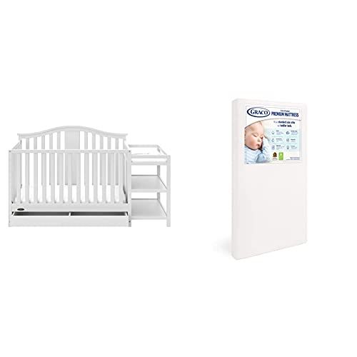 그라코 Graco Solano 4-in-1 Convertible Crib with Drawer and Changer (White) - JPMA-Certified Crib and Changer & Premium Foam Crib & Toddler Mattress ? GREENGUARD Gold and CertiPUR-US Cert