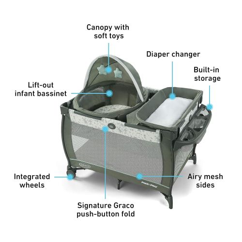 그라코 Graco Pack n Play Travel Dome Playard Includes Travel Bassinet, Full-Size Infant Bassinet, and Diaper Changer, Oskar