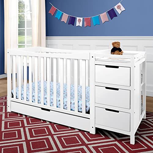 그라코 Graco Remi Convertible Crib with Drawer and Changer (White) - JPMA Certified, Attached Changing Table with 3 Drawers, 2 Shelves, and Water-Resistant Changing Pad