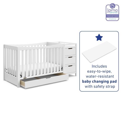 그라코 Graco Remi Convertible Crib with Drawer and Changer (White) - JPMA Certified, Attached Changing Table with 3 Drawers, 2 Shelves, and Water-Resistant Changing Pad