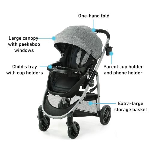 그라코 Graco Modes Pramette Travel System Includes Baby Stroller with True Bassinet Mode, Reversible Seat, One Hand Fold, Extra Storage, Child Tray and SnugRide 35 Infant Car Seat, Ellin