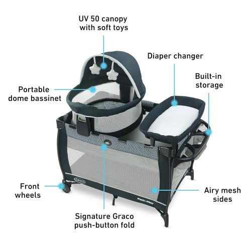 그라코 Graco Pack n Play Travel Dome LX Playard Includes Portable Bassinet, Full-Size Infant Bassinet, and Diaper Changer, Leyton