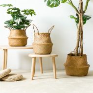 Gracosy gracosy Woven Seagrass Basket, Natural Handmade Belly Basket Collapsible Basket Straw Basket Decorative Basket Flower Pot Basket with Handles for Home Storage, Plant Pot Cover Natu