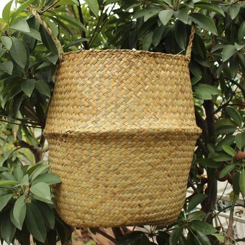  Gracosy gracosy Woven Seagrass Basket, Natural Handmade Belly Basket Collapsible Basket Straw Basket Decorative Basket Flower Pot Basket with Handles for Home Storage, Plant Pot Cover Natu