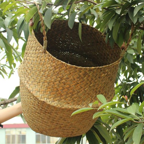  Gracosy gracosy Woven Seagrass Basket, Natural Handmade Belly Basket Collapsible Basket Straw Basket Decorative Basket Flower Pot Basket with Handles for Home Storage, Plant Pot Cover Natu