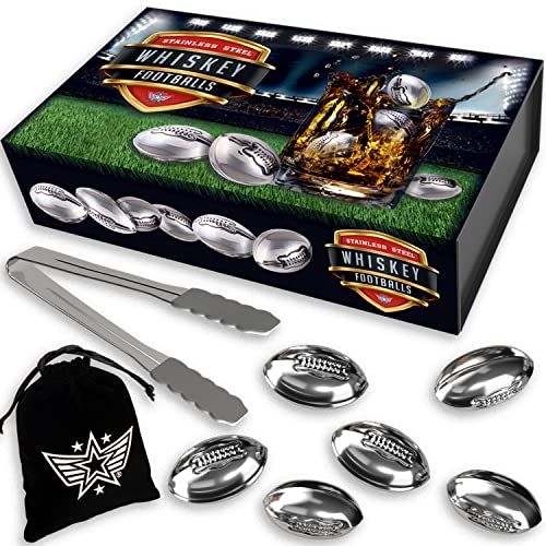  Grand Estrella Football Whiskey Stones, Set of 6 Stainless Steel Reusable Ice Cube - Chilling Rocks for Whisky - Gift for Dad, Unique Gifts for Football Fans, Whiskey Balls of Steel Chillers