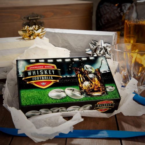  Grand Estrella Football Whiskey Stones, Set of 6 Stainless Steel Reusable Ice Cube - Chilling Rocks for Whisky - Gift for Dad, Unique Gifts for Football Fans, Whiskey Balls of Steel Chillers