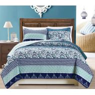 Grand Linen 3-Piece Fine printed Quilt Set Reversible Bedspread Coverlet (California) CAL KING SIZE Bed Cover (Navy Blue Paisley)