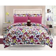 [아마존베스트]Grand Linen Girls Kids Bedding-Fabian Monkey Tween Teen Dream Bed in A Bag. Twin Size Comforter Set, Sheet Set and Plush Toy Included -Peace, Hearts-Hot Pink, Turquoise Blue, Purple, Black and