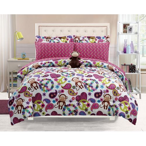  [아마존베스트]Grand Linen Girls Kids Bedding-Fabian Monkey Tween Teen Dream Bed in A Bag. Twin Size Comforter Set, Sheet Set and Plush Toy Included -Peace, Hearts-Hot Pink, Turquoise Blue, Purple, Black and