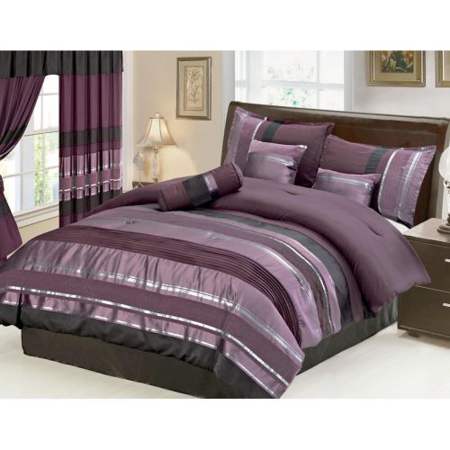  Grand Linen 4 Piece Eggplant Purple  Black silver stripe Chenille Curtain set with attached Valance and Sheers