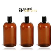 GrandParfums 2 Amber 16 Oz BPA Free PET Plastic (480ml) Boston Round Bottles w/ Black Disc Cap for Cream Lotion, Shampoo, Conditioner, Private Label, DIY