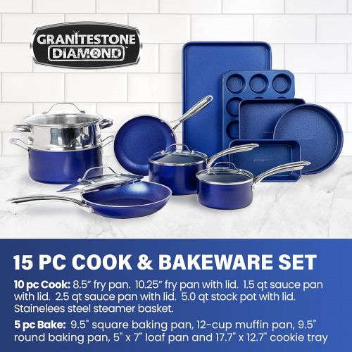  Granitestone Blue Nonstick Pots and Pans Set, 15 Piece Cookware & Bakeware Set with Ultra Nonstick PFOA Free Coating?Includes Frying Pans, Saucepans, Stock Pots, Steamers, Cookie S