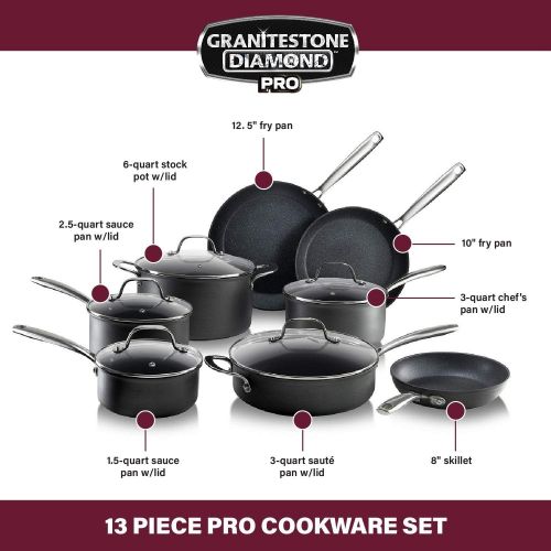  Granitestone Pro Pots and Pans Set 13 Piece Hard Anodized Premium Chef’s Cookware with Ultra Nonstick Diamond & Mineral Coating, Stainless Steel Stay Cool Handles Oven Dishwasher &