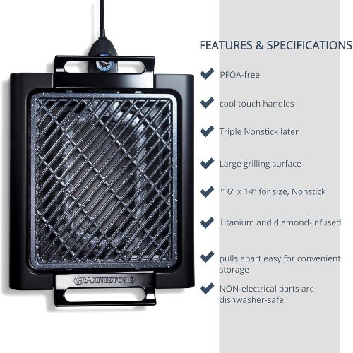  [아마존베스트]GRANITESTONE 2584 Indoor Electric Smoke-Less Grill with Cool-touch handles and adjustable Temperature Dial, Nonstick, PFOA-Free, Black 16 x 14 As Seen On TV