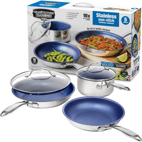  Granitestone Blue Nonstick Cookware Set, Tri-Ply Base, Stainless Steel Pots & Pans Set, 5 Piece Cookware, Includes, Frying Pans, Stock Pots & Skillets, Dishwasher & Induction Safe,