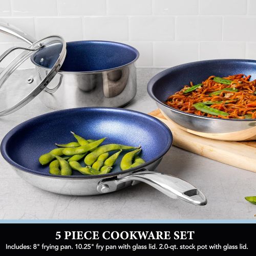  Granitestone Blue Nonstick Cookware Set, Tri-Ply Base, Stainless Steel Pots & Pans Set, 5 Piece Cookware, Includes, Frying Pans, Stock Pots & Skillets, Dishwasher & Induction Safe,