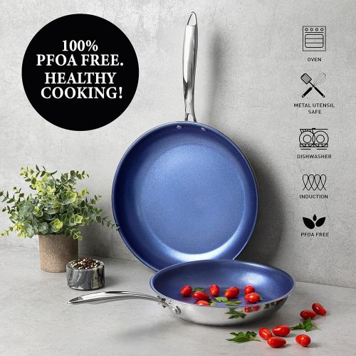  Granitestone Blue Nonstick Cookware Set, Tri-Ply Base, Stainless Steel Pots & Pans Set, 5 Piece Cookware, Includes, Frying Pans, Stock Pots & Skillets, Dishwasher & Induction Safe,