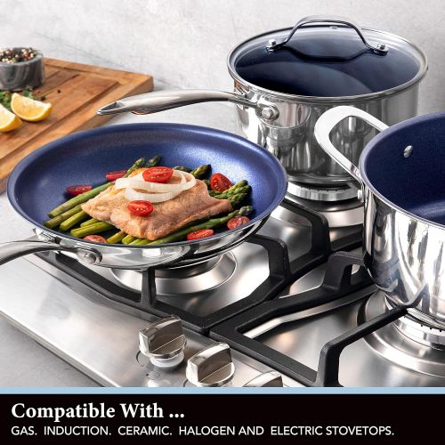  Granitestone Blue Nonstick Cookware Set, Tri-Ply Base, Stainless Steel Pots & Pans Set, 5 Piece Cookware, Includes, Frying Pans, Stock Pots & Skillets, Dishwasher & Induction Safe,