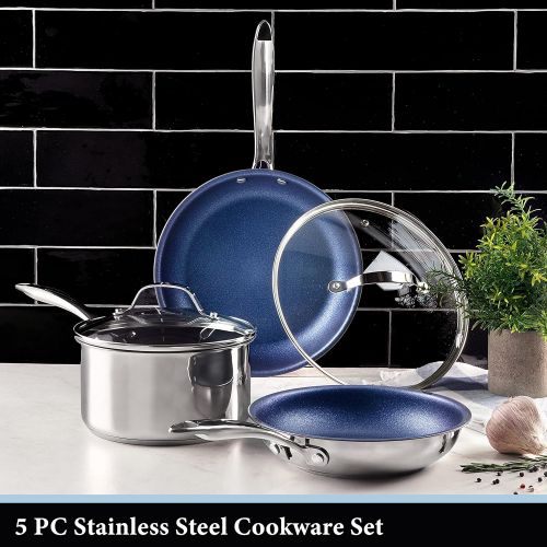  Granitestone Blue Nonstick Cookware Set, Tri-Ply Base, Stainless Steel Pots & Pans Set, 5 Piece Cookware, Includes, Frying Pans, Stock Pots & Skillets, Dishwasher & Induction Safe,