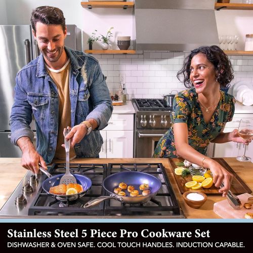  Granitestone Blue Nonstick Cookware Set, Tri-Ply Base, Stainless Steel Pots & Pans Set, 5 Piece Cookware, Includes, Frying Pans, Stock Pots & Skillets, Dishwasher & Induction Safe,