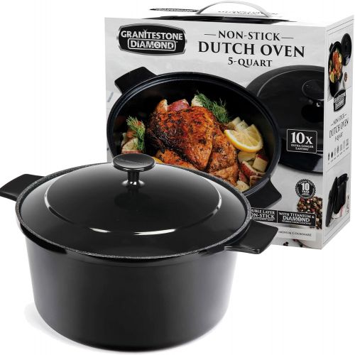  Granitestone Dutch Oven, 5 Quart Ultra Nonstick Enameled Lightweight Aluminum Dutch Oven Pot with Lid, Round 5 Qt. Stock Pot, Dishwasher & Oven Safe, Induction Capable, Healthy 100