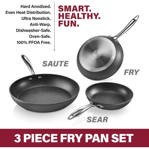  Granitestone Pro Hard Anodized Set Skillet 8”, 10” & 12” Cookware, 100% PFOA Free, Oven, Dishwasher & Metal Utensil Safe, Ultra Nonstick Frying Pans, 3 Piece, Black (Stainless Hand