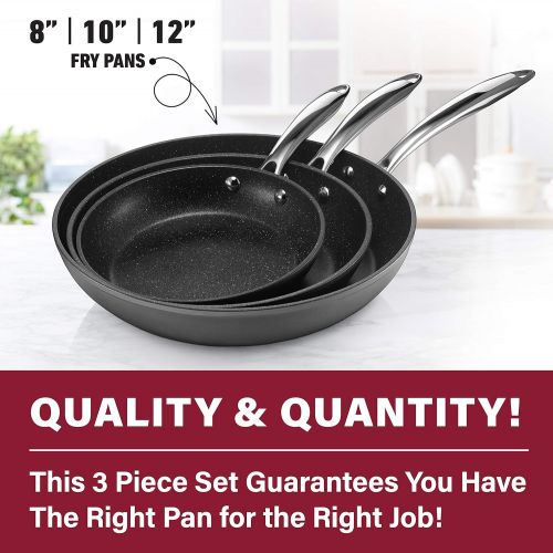  Granitestone Pro Hard Anodized Set Skillet 8”, 10” & 12” Cookware, 100% PFOA Free, Oven, Dishwasher & Metal Utensil Safe, Ultra Nonstick Frying Pans, 3 Piece, Black (Stainless Hand