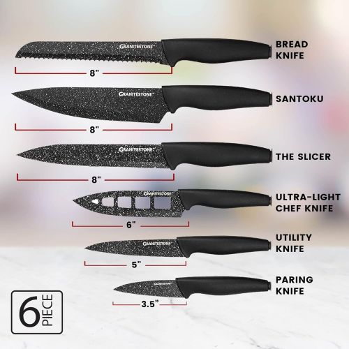  Nutriblade 6 PC Knife Set by Granitestone, Professional Kitchen Chef’s Knives with Ultra Sharp Stainless Steel Blades and Nonstick Granite Coating, Easy-Grip Handle, Rust-proof, Di