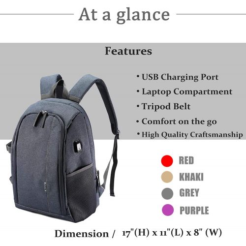  G-raphy Camera Backpack Photography Backpack with USB Port / Laptop Compartment for Nikon,Canon,Sony,Panasonic,Pentax and etc