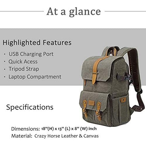  Camera Backpack Retro Style Photography Bag by G-raphy for DSLR Cameras,15.6 laptop, Tripods (Army Green)