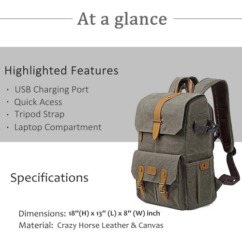  Camera Backpack Retro Style Photography Bag by G-raphy for DSLR Cameras,15.6 laptop, Tripods (Army Green)