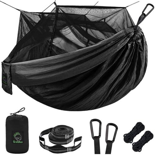  Grassman Single & Double Camping Hammock with Mosquito/Bug Net, Portable Parachute Nylon Hammock with 10ft Hammock Tree Straps 17 loops and Easy Assembly Carabiners, for Camping, Backpackin