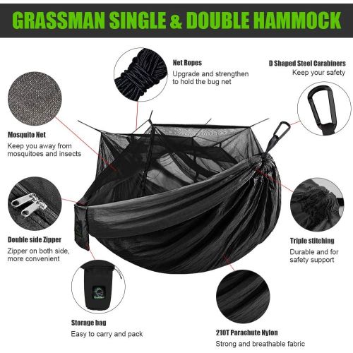  Grassman Single & Double Camping Hammock with Mosquito/Bug Net, Portable Parachute Nylon Hammock with 10ft Hammock Tree Straps 17 loops and Easy Assembly Carabiners, for Camping, Backpackin