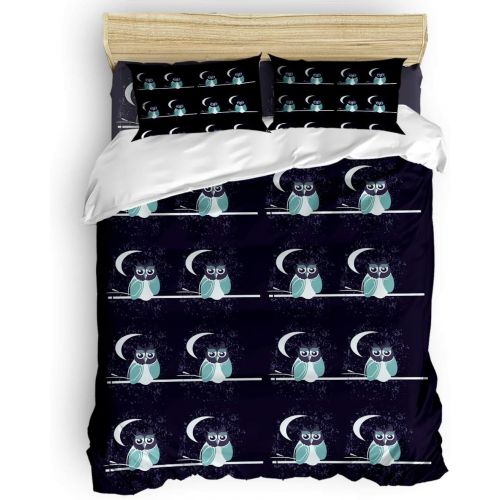  GreaBen 4 Pieces Duvet Cover Set Comfort Bed Sheet Set for Girls Boys,Cute Owl with Moon in Night Bedding Sets for Women Men,Include 1 Duvet Cover + 1 Bed Sheets + 2 Pillow Case Ki
