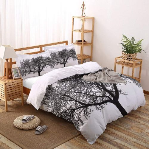  GreaBen 4 Pieces Duvet Cover Set Comfort Bed Sheet Set for Girls Boys,Tree Printed Black and White Bedding Sets for Women Men,Include 1 Duvet Cover + 1 Bed Sheets + 2 Pillow Case F