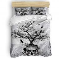 GreaBen 4 Pieces Duvet Cover Set Comfort Bed Sheet Set for Girls Boys,Black and White Skull Head Tree Pattern Bedding Sets for Women Men,Include 1 Duvet Cover + 1 Bed Sheets + 2 Pi