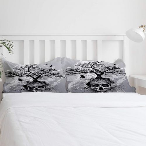  GreaBen 4 Pieces Duvet Cover Set Comfort Bed Sheet Set for Girls Boys,Black and White Skull Head Tree Pattern Bedding Sets for Women Men,Include 1 Duvet Cover + 1 Bed Sheets + 2 Pi