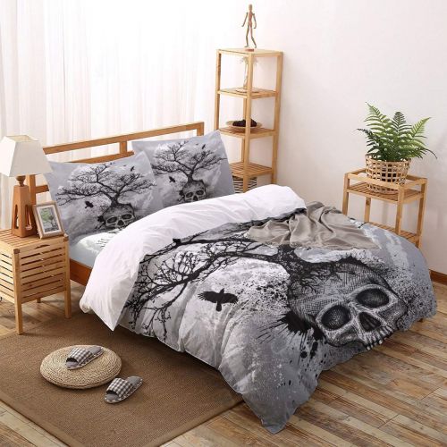  GreaBen 4 Pieces Duvet Cover Set Comfort Bed Sheet Set for Girls Boys,Black and White Skull Head Tree Pattern Bedding Sets for Women Men,Include 1 Duvet Cover + 1 Bed Sheets + 2 Pi