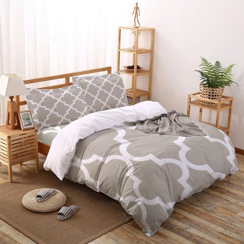  GreaBen 4 Pieces Duvet Cover Set Comfort Bed Sheet Set for Girls Boys,Mustard Grey Quatrefoil Pattern Bedding Sets for Women Men,Include 1 Duvet Cover + 1 Bed Sheets + 2 Pillow Cas