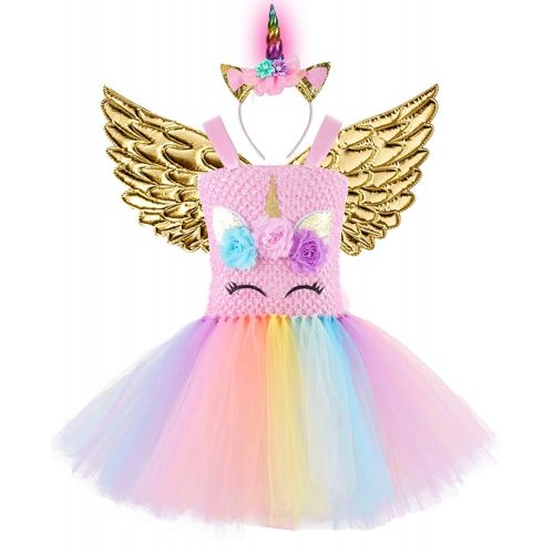  GreaSmart Baby Girls Rainbow Unicorn Dress with Wings LED Headband for Birthday Party Flower Princess Tutu