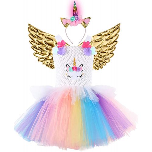  GreaSmart Baby Girls Rainbow Unicorn Dress with Wings LED Headband for Birthday Party Flower Princess Tutu