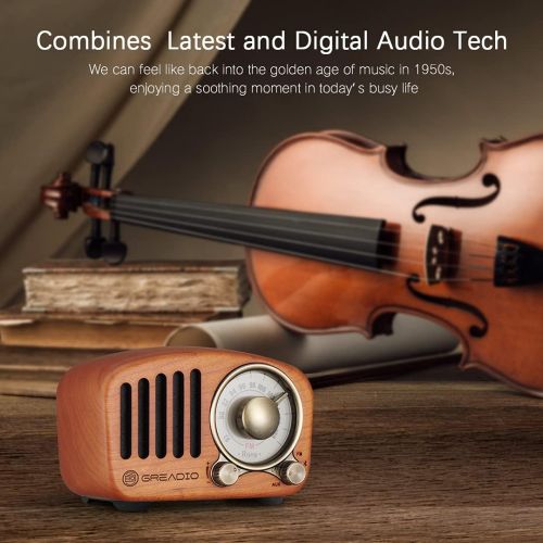  Vintage Radio Retro Bluetooth Speaker- Greadio Cherry Wooden FM Radio with Old Fashioned Classic Style, Strong Bass Enhancement, Loud Volume, Bluetooth 4.2 Wireless Connection, TF