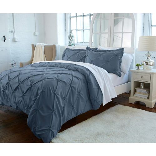  Great Bay Home Signature Pinch Pleated Pintuck Duvet Cover with Button Closure. Luxuriously Soft 100% Brushed Microfiber with Textured Pintuck Pleats and Corner Ties (Full/Queen, S