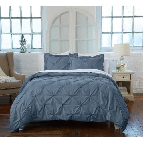  Great Bay Home Signature Pinch Pleated Pintuck Duvet Cover with Button Closure. Luxuriously Soft 100% Brushed Microfiber with Textured Pintuck Pleats and Corner Ties (Full/Queen, S