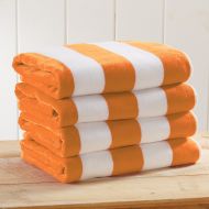 Great Bay Home 4 Pack Plush Velour 100% Cotton Beach Towels. Cabana Stripe Pool Towels for Adults. (Orange, 4 Pack- 30 x 60)