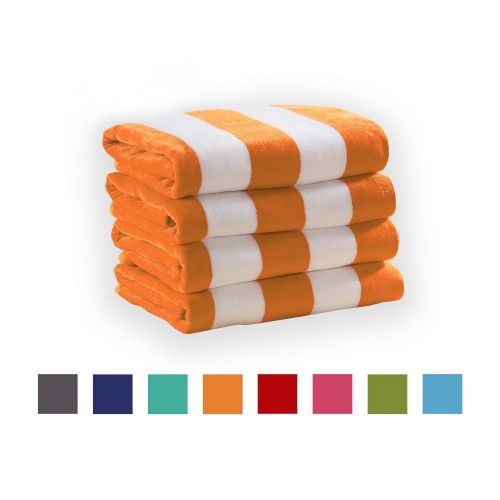  Great Bay Home 4 Pack Plush Velour 100% Cotton Beach Towels. Cabana Stripe Pool Towels for Adults. (Orange, 4 Pack- 30 x 60)