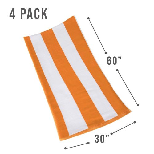  Great Bay Home 4 Pack Plush Velour 100% Cotton Beach Towels. Cabana Stripe Pool Towels for Adults. (Orange, 4 Pack- 30 x 60)
