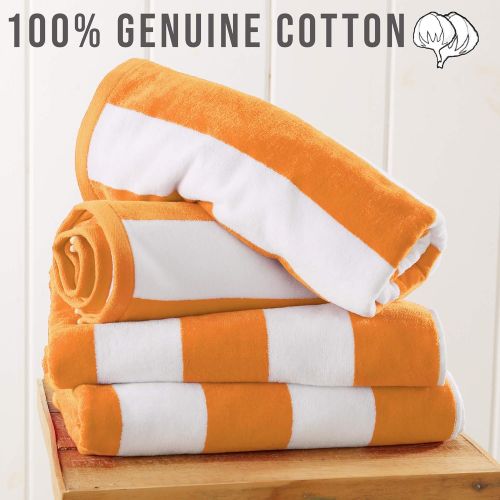  Great Bay Home 4 Pack Plush Velour 100% Cotton Beach Towels. Cabana Stripe Pool Towels for Adults. (Orange, 4 Pack- 30 x 60)